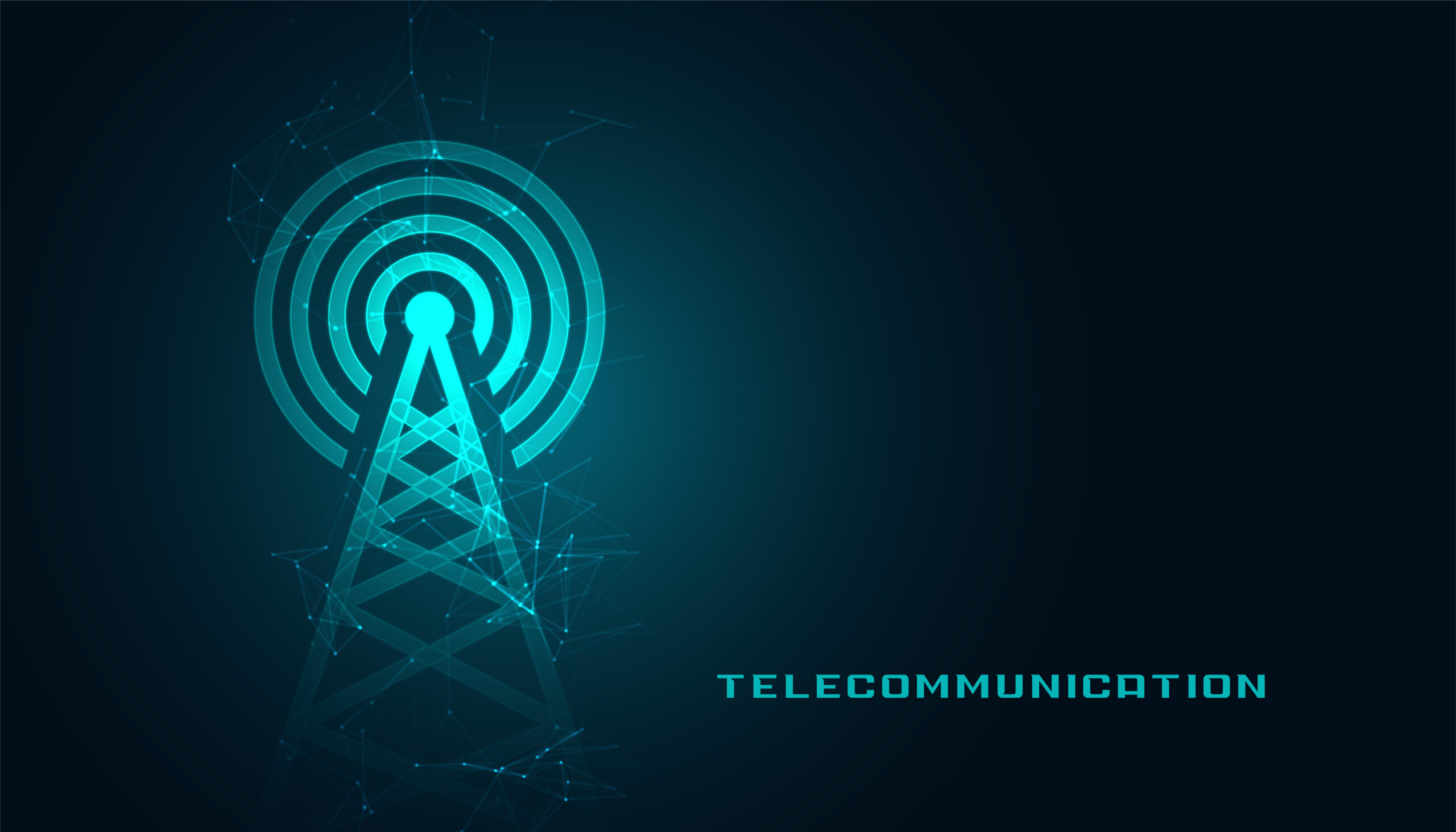 Ilustración de una torre de telecomunicaciones emitiendo ondas de radio sobre un fondo azul digital